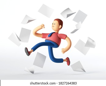 3d render. Man cartoon character runs and document papers fall, reporter in a hurry, braking news concept, business career clip art isolated on white background.