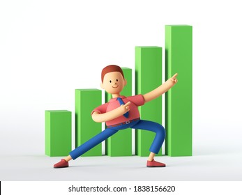 3d render. Man cartoon character with ascending green graph, growing chart goes up. Business clip art isolated on white background.