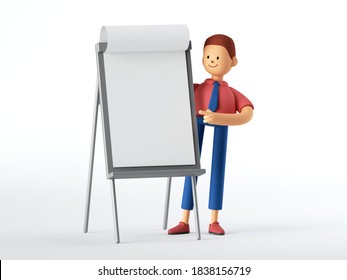 3d render. Man cartoon character looks out the blank presentation board. Minimal business concept. Conference speaker clip art isolated on white background