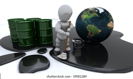 3D Render Of A Man Cleaning Up Oil Spill