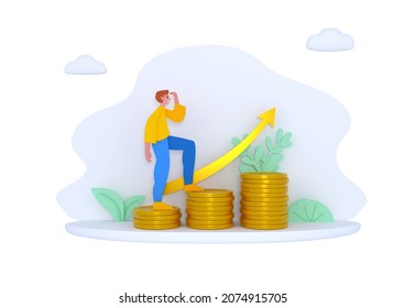 3d render of man climbing up by steps made of coins. Financial or income growth