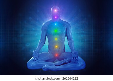 3d render man meditating with seven colorful chakras