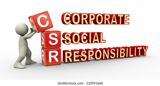 3d Render Of Man Placing Csr (corporate Social Responsibility) Cubes. 3d Illustration Of Human Character.