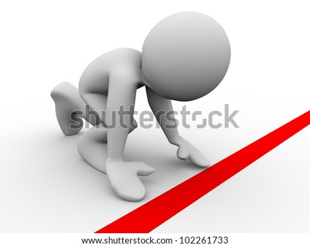 3d render of man in starting position at starting line. 3d illustration of human character ready for race