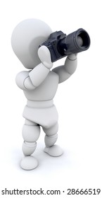 3D render of a man using a camera with a zoom lens