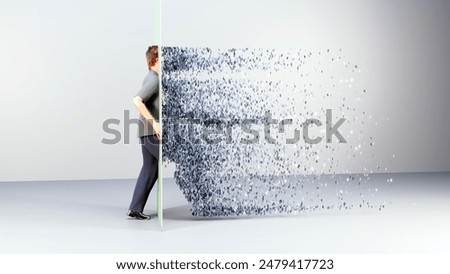 3d render of man walking into a portal transporting or converting him into digital ones and zeros