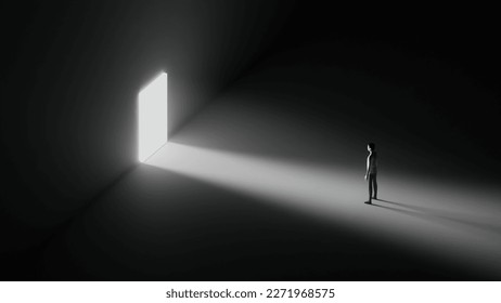 3d render of man walking towards light