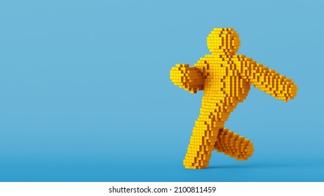 3d render, man wearing yellow halloween costume, pixel cartoon character walking or running. Isolated on blue background. Funny mascot active dancing pose
