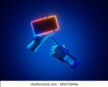 3d Render Mannequin Hand Hold Smart Phone Gadget In Horizontal Position, Illuminated With Neon Light. Electronic Device Isolated On Blue Background. Minimal Futuristic Touchscreen Technology Concept