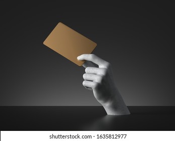 3d Render, Mannequin Hand Holding Blank Golden Card Or Ticket Isolated On Black Background. Payment Metaphor. Modern Minimal Concept, Simple Clean Design. Concrete Sculpture. Artificial Human Limb