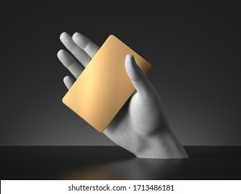 3d Render, Mannequin Hand Holding Blank Golden Card Or Ticket Isolated On Black Background. Payment Metaphor. Modern Minimal Concept, Simple Clean Design. Concrete Sculpture. Artificial Human Limb