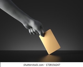 3d Render, Mannequin Hand Holding Blank Golden Card Or Ticket Isolated On Black Background. Payment Or Voting Metaphor. Modern Minimal Mockup With Copy Space. Concrete Sculpture. Artificial Human Limb