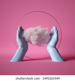 3d render, mannequin hands holding white fluffy cloud, isolated on pink background
