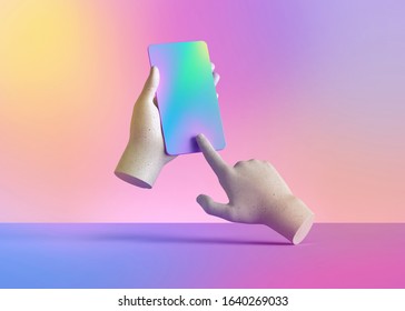 3d render mannequin hands holding smart phone gadget, electronic device isolated on colorful pastel background, minimal concept, simple clean design. Remote control. Limb prosthesis