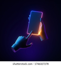 3d render mannequin hands holding smart phone gadget. Neon glowing electronic device isolated on dark background, body parts, simple clean design. Minimal futuristic touchscreen technology concept