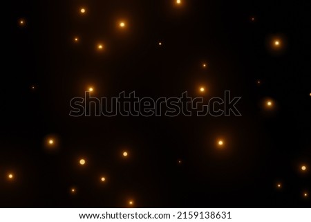 3D Render of many small yellow red particles flying on the black festive background. The trendy backdrop for your design. Three-dimensional illustration