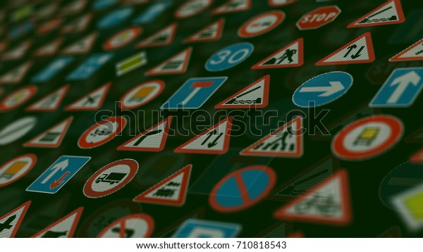 3d\
render. Too many traffic signs on black\
background.