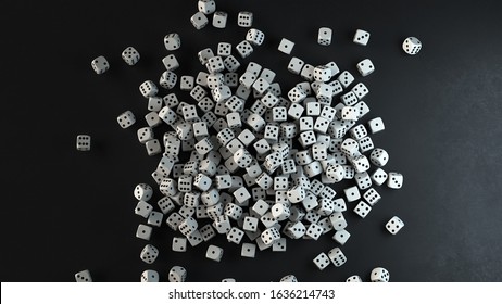3d render many white dice with black dots lie on a black plate with the depth of field.