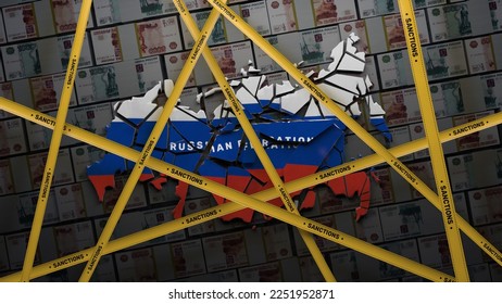 3D render of map of collapsed Russia into different parts covered with yellow tape. 3D render concept of finance sanctions against the Russian oligarchs gas and oil embargo. Money on. 3D Illustration