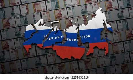 3D render of map of collapsed Russian Federation into different parts. 3D render concept of the collapse of Russia, financial crisis and oligarchy. Money on background. Stop war. Stop. 3D Illustration