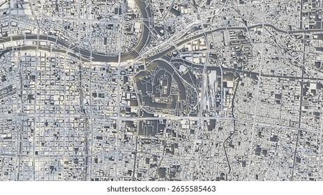 3D render map of Osaka cityscape. 3D illustration of a top view of Osaka, Japan.