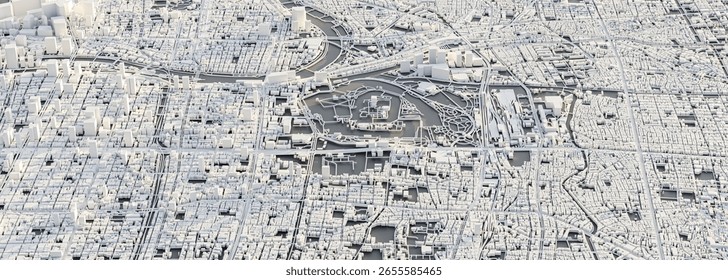 3D render map of Osaka cityscape. 3D illustration of an aerial view of Osaka, Japan.