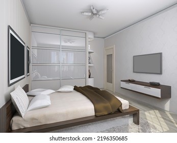 3d Render Of The Master Bedroom Interior Concept With Built-in Wardrobe. 3d Illustration Of A Traditional Master Bedroom In Light, Soft Colors