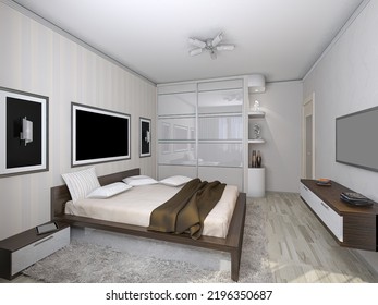 3d Render Of The Master Bedroom Interior Concept With Built-in Wardrobe. 3d Illustration Of A Traditional Master Bedroom In Light, Soft Colors