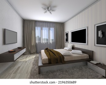 3d Render Of The Master Bedroom Interior Concept With Built-in Wardrobe. 3d Illustration Of A Traditional Master Bedroom In Light, Soft Colors