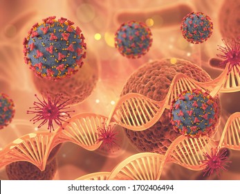 3D render of a medical background with Covid 19 virus cells and DNA strands