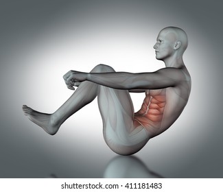 3D Render Of A Medical Figure With Partial Muscle Map In Sit Up Position