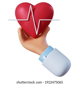 3d Render. Medical Heart Rate Icon. Doctor Or Cardiologist Cartoon Hand Holding Heart With Chart Line. Healthcare Illustration. Cardiogram Clip Art Isolated On White Background.