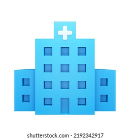 3d Render Medical Icon. Rendering Illustration Of Blue Hospital House Isolated On White Background. Medicine Building City Estate. Front Exterior Hospital. Health Care Object. Doctor  Office Place. 