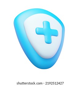 3d Render Medical Icon. Rendering Illustration Of Blue Medicine Shield With Plus Sign Isolated On White Background. Hospital Symbol. Health Care Protection Emblem. Medic Clinical Security Badge.