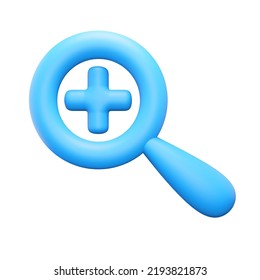 3d Render Medical Magnifier Glass Icon. Rendering Illustration Of Blue Loupe With Medicine Plus Sign Isolated On White Background. Focus And Zoom On Cross Symbol. Search And Find Healthcare Element. 