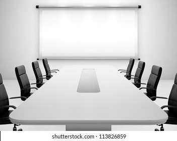 3D Render Of Meeting Room With Projection Screen And Conference Table