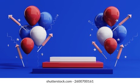 3d render of Memorial Day background with podim, ballons, stars and american flag. Patriotic events, red, white, and blue decor, and summer kickoffs mark this day of remembrance and appreciation.