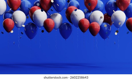 3d render of Memorial Day background with podim, ballons, stars and american flag. Patriotic events, red, white, and blue decor, and summer kickoffs mark this day of remembrance and appreciation.