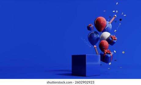 3d render of Memorial Day background with podim, ballons, stars and american flag. Patriotic events, red, white, and blue decor, and summer kickoffs mark this day of remembrance and appreciation.