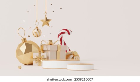 3D render, Merry Christmas background decorate with ornament ball, gift boxes and empty display podium for showing product. - Powered by Shutterstock