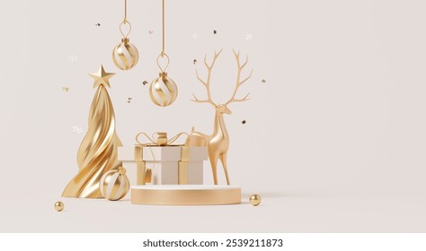 3D render, Merry Christmas background with cosmetic display podium for advertise product decorated with gift boxes, ornament ball, golden reindeer for holiday sale. - Powered by Shutterstock