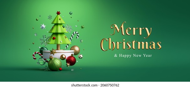 3d Render, Merry Christmas Greeting Card With Golden Text And Decorated Fir Tree Toy, Isolated On Green Background. Festive Horizontal Banner