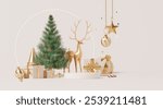 3D render, Merry Christmas and happy new year background with podium, decorated with luxury elements golden reindeer, gift boxes and Christmas tree.