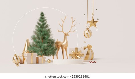 3D render, Merry Christmas and happy new year background with podium, decorated with luxury elements golden reindeer, gift boxes and Christmas tree. - Powered by Shutterstock