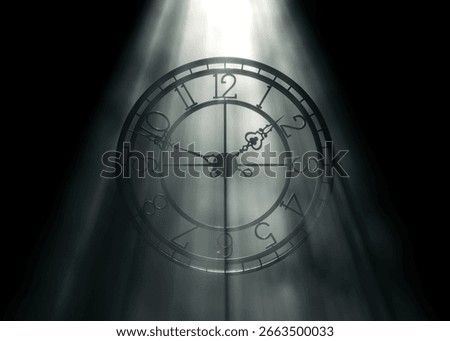 3D render of a metal frame tower clock with regular numbers, backlit by bright hazy light rays on a black background, ideal for vintage, architectural, and time-themed design projects.