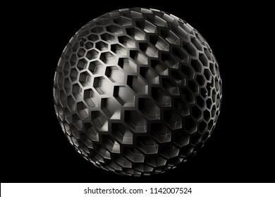 3d render metal isolated  sphere. Displacement surface. Random patterns extruded from the metal sphere shape.