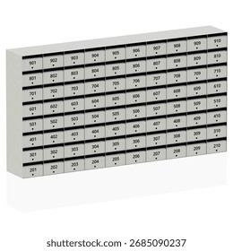 3d render metal mailboxes cabinet white background