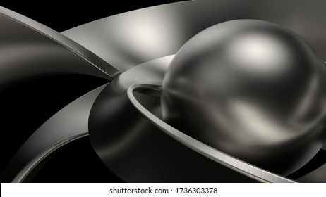 3d render of metal objects - sphere and twisted shapes. Reflective material.  Decorative chrome sculpture.