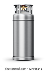 3D Render Of Metal Steel Container Or Cylinder For Liquefied Compressed Natural Oxygen, Nitrogen Or Other Gas For Scientific Tests And Industrial Use With High Pressure Gauge Meter And Valve Isolated