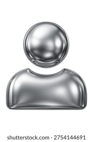 3D render of a metallic chrome user icon representing a person profile or account symbol. Modern glossy silver avatar symbol isolated on white background, perfect for technology, social media, UI design, apps, and digital identity concepts.